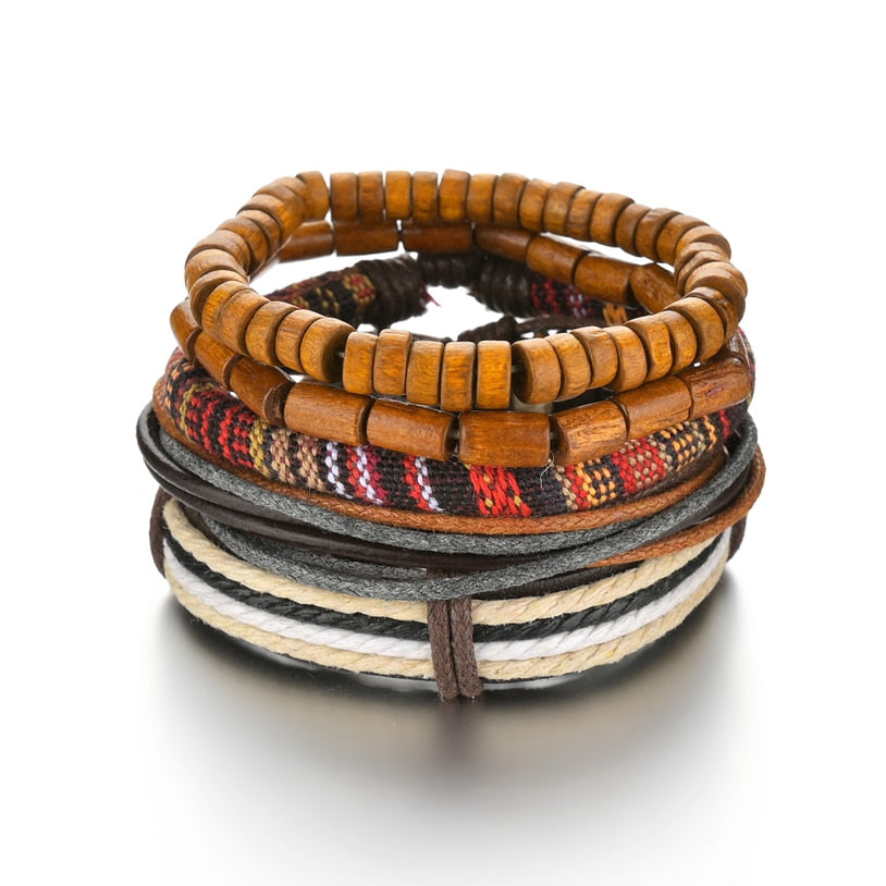 MeMolissa 3/4Pcs/ Set Braided Wrap Leather Bracelets for Men Vintage Life Tree Guitar Charm Wood Beads Ethnic Tribal Wristbands