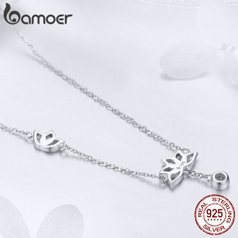 Bamoer 100% 925 Sterling Silver Elegant Lotus Pendant Necklaces Cubic Zircon Flower Necklace for Women Fine Jewelry