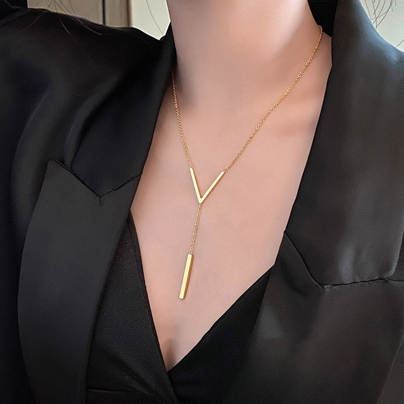 Stainless steel V-shaped long sexy Clavicle Necklace Ladies and girls stainless steel Gold colour Necklace  Party jewelry