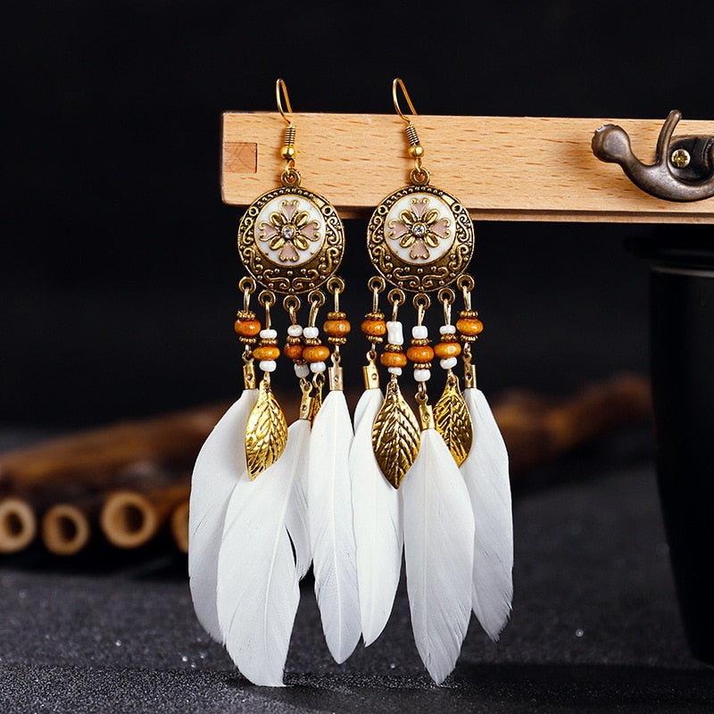 Dream Catcher Boho Feather Earrings Vintage Ethnic Statement Hanging Bohemian Long Tassel Earrings Women Lady Trend Jewelry