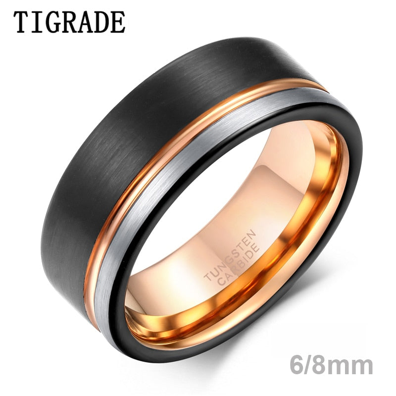TIGRADE Ring Men Tungsten Ring Black Rose Gold Line Brushed 6/8mm Wedding Band Engagement Ring Men Party Trendy Bague Homme