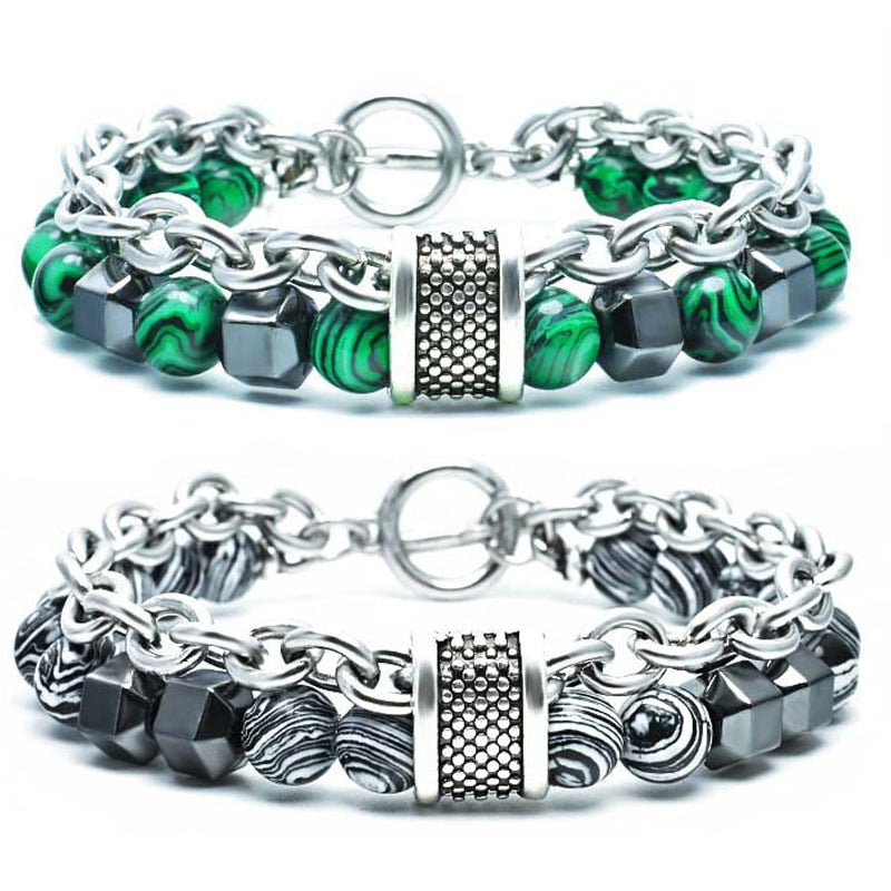 Metal Stainless Steel Fashion Malachite Beaded Bracelet Multicolor Men's Hematite Bracelet Men Jewelry  Bead Bracelet