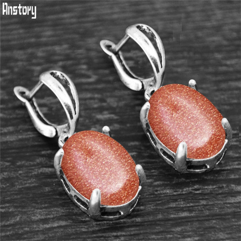 Vintage Natural Quartz Jades Amethysts Claw Pendant Earrings Antique Silver Plated Natural Stone Unakite Fashion Women Earring