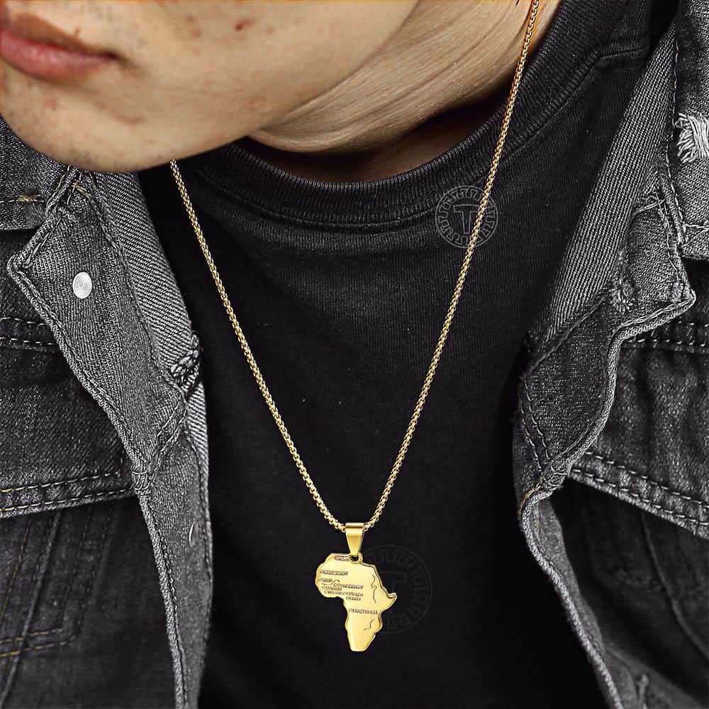 Punk Africa Map Pendant Necklace for Men Women Stainless Steel Gold Color African Map Fashion Jewelry Hip Hop Dropshipping GP56