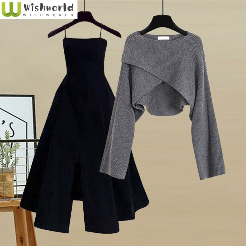 Spring and Autumn Set Women's New Fashion Cross Knitted Sweater Age Reducing Sling Dress Two Piece Set