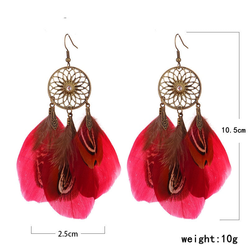 Dream Catcher Boho Feather Earrings Vintage Ethnic Statement Hanging Bohemian Long Tassel Earrings Women Lady Trend Jewelry