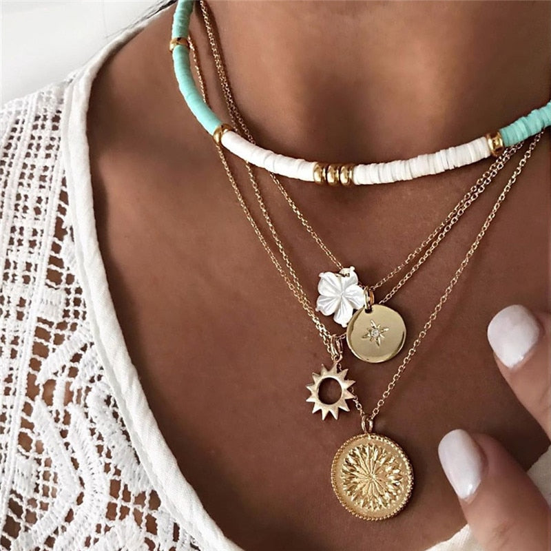 Bohemian Polymer Clay Choker Gold Color Sun Flower Pendant Layered Necklace For Women Collier Jewelry