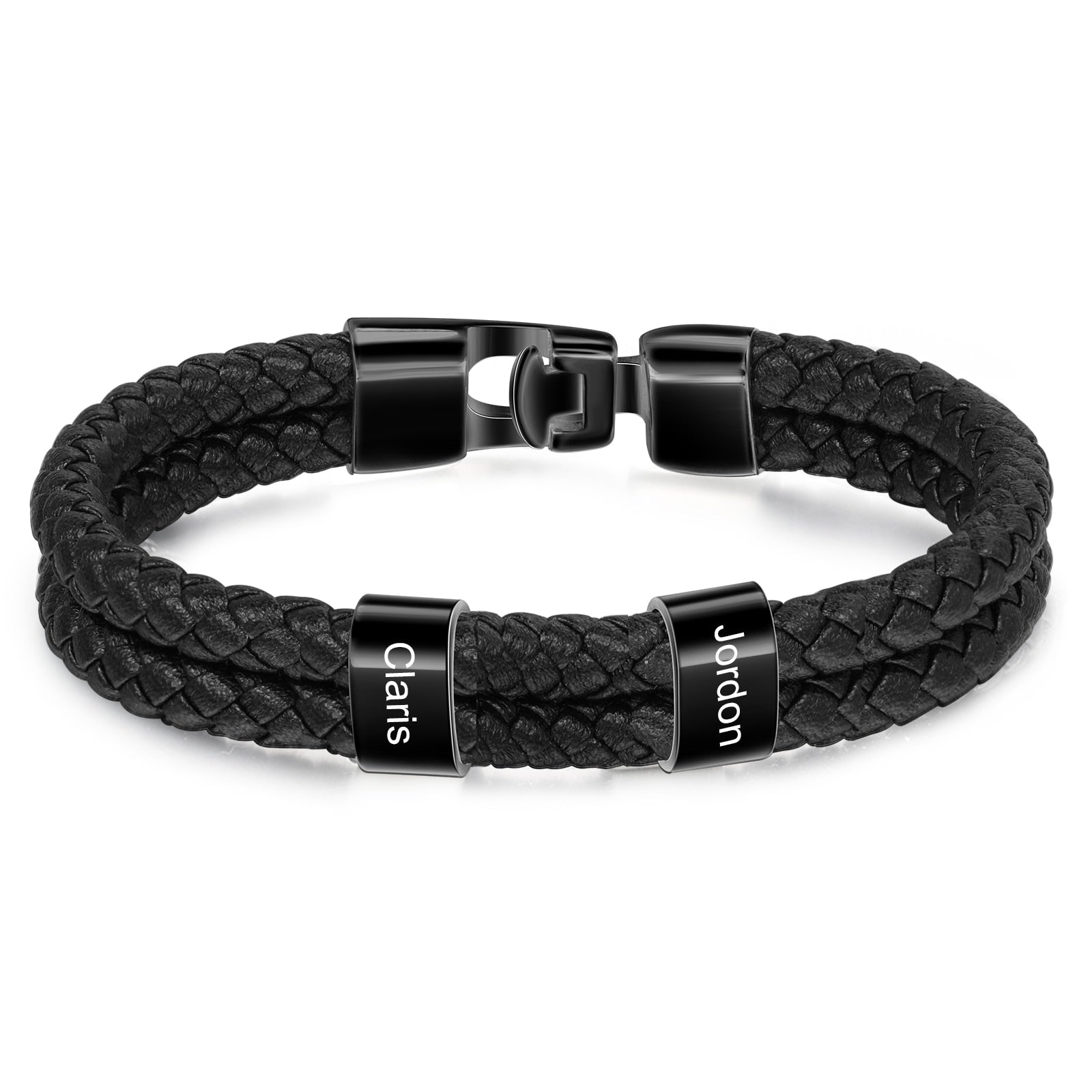 Personalized Engraved Family Name Beads Bracelets Black Braided Leather Stainless Steel Bracelets for Men Fathers