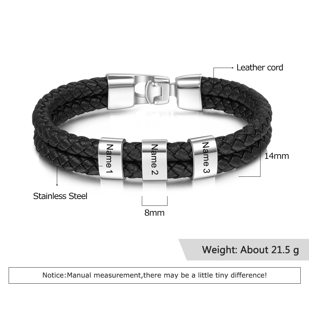 Personalized Engraved Family Name Beads Bracelets Black Braided Leather Stainless Steel Bracelets for Men Fathers