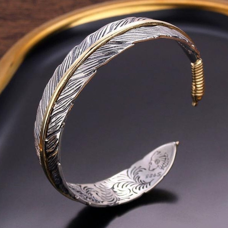 Silver Color Feather Cuff Bracelet for Men Women Vintage Adjustable Bracelet Bangle Fashion Jewelry