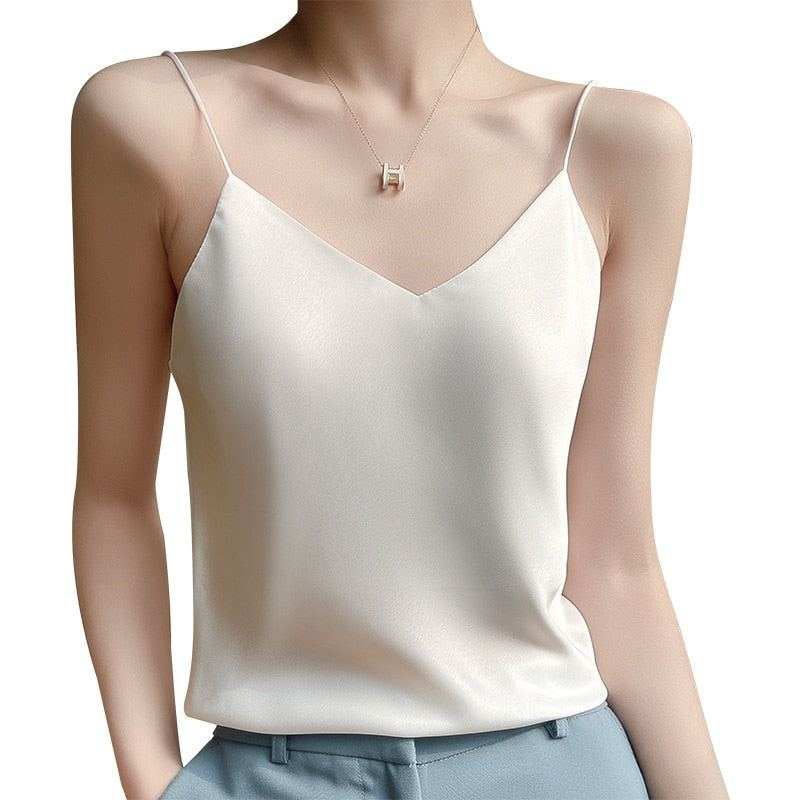 Fashion Silky Camisole Women Inner With White Bottoming Satin Top Summer V-neck Thin Section