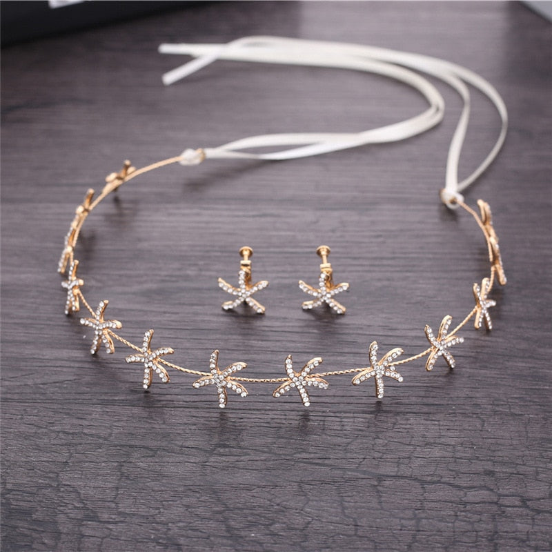 Luxury Hair Jewelry Starfish Crystal Bride Tiaras Wedding Hair Accessories headdress Gold Color Headbands Ribbon Gift
