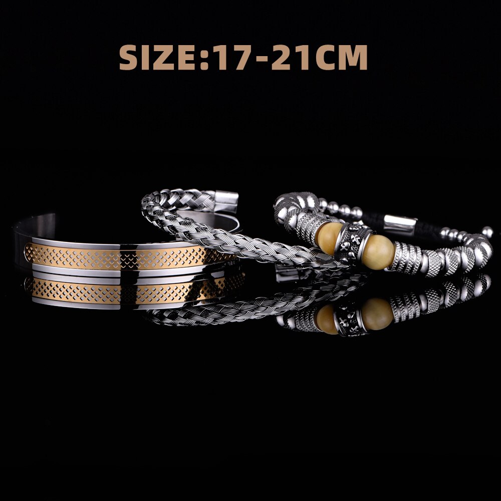 3pcs Set Men Bracelet Stainless Steel Handmade Rope Bangles Men Skull Bracelets with Tigereye Natural Stone Gift Accessories
