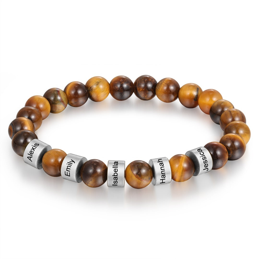 Personalized Stainless Steel Beaded Name Engravd Bracelets for Men Customized Lava Tiger Eye Stone Bracelets Gifts for Him