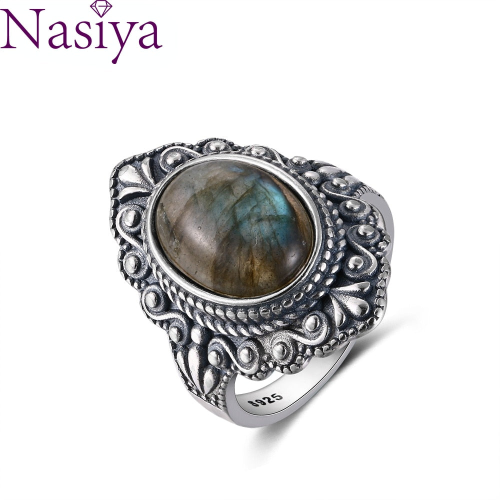 Nasiya Vintage Oval Labradorite Rings For Women Silver Ring Jewelry Finger Ring Gemstone Rings Party Gift