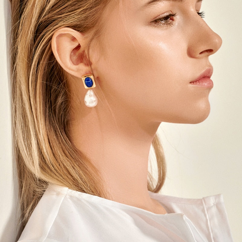 Peri'sBox Faux Pearl Drop Earrings Embedded Lapis Lazuli Square Earrings Embellished Small Rhinestone Dangle Earrings Women