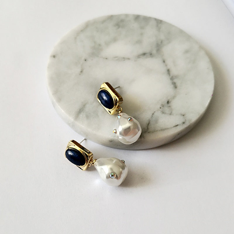 Peri'sBox Faux Pearl Drop Earrings Embedded Lapis Lazuli Square Earrings Embellished Small Rhinestone Dangle Earrings Women