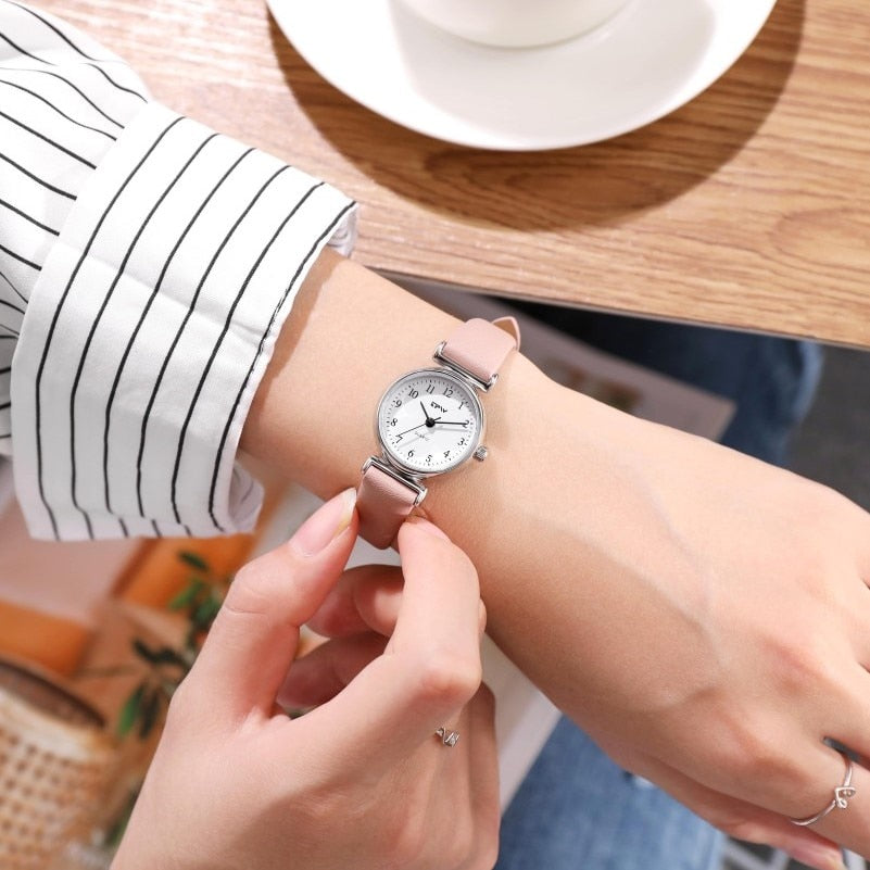 Mini Quartz Watch For Women Small Size 24mm Dial PU Leather Strap Minimalism